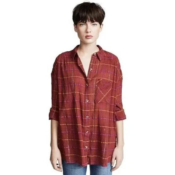 Free People Break Red / Orange Plaid My Stride Button Up /Down Long Sleeve Top S - Picture 3 of 11